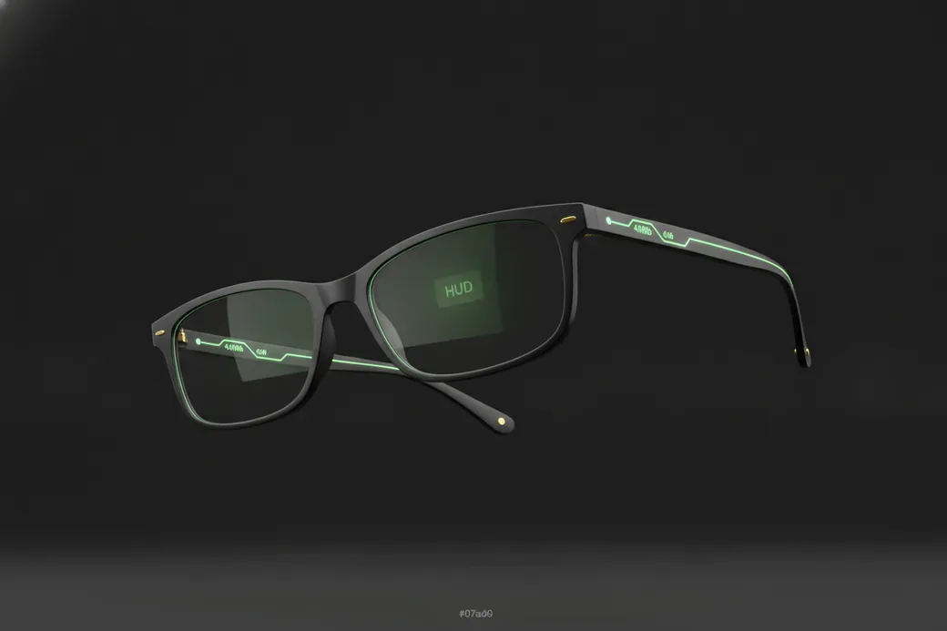 Black smart glasses with glowing green circuitry on the temple and a green-tinted lens