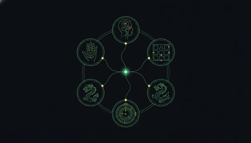 A glowing hexagonal ring of physiognomy lineage icons